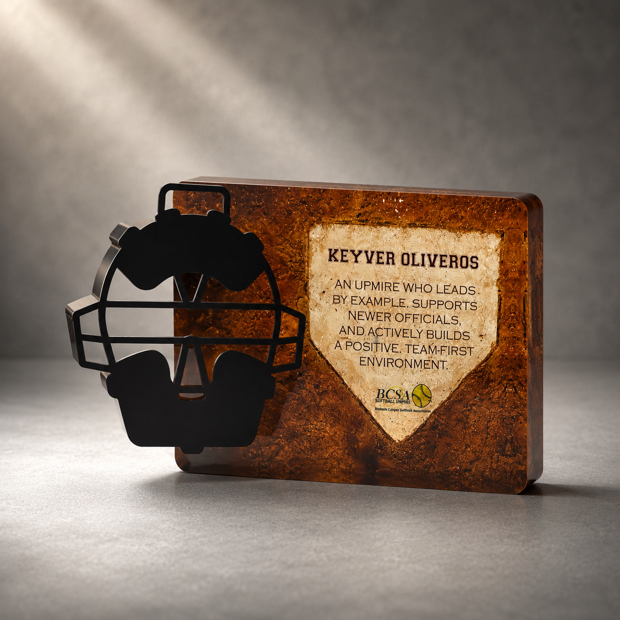 BCSA softball umpire award with custom catcher's mask shape